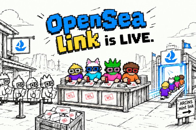The cartoon illustration shows a bustling, pixel-art-style event titled "OpenSea Link is LIVE," depicting four colorful characters with glasses seated behind a desk marked with multiple "WL" (whitelist) stamps, while a line of grey, robotic-looking figures and small colorful characters queue up on either side. On the right, a blue portal with the OpenSea sailboat logo marks the entrance to a digital collection, and a sign reads "ARCINS mint link," directly referencing the ARCINS NFT mint launch announced on OpenSea at opensea.io/collection/arcins, scheduled for 4 PM UTC with the Arc Mainnet now live and wallet eligibility checks open.