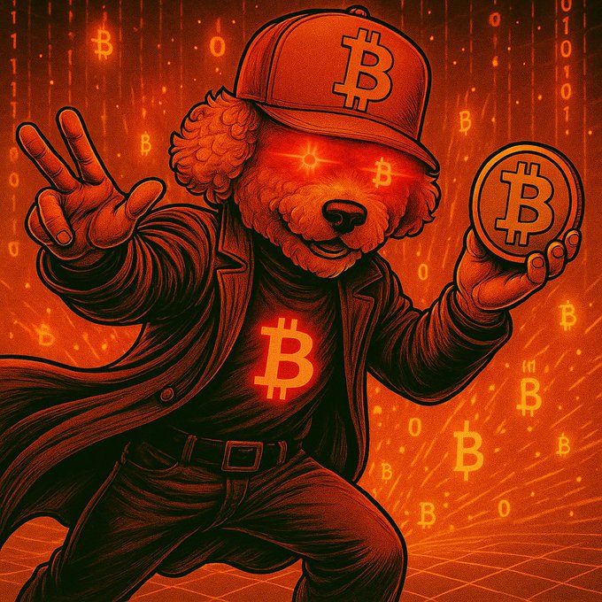 The image features a cartoon dog wearing a hat with the word "bitcoin" written on it. The dog appears to be holding a Bitcoin symbol or coin, possibly as a joke or for a humorous effect. The background of the image consists of a grid filled with various numbers and letters, which could represent different aspects related to Bitcoin or its digital currency. The caption at the bottom of the image reads "GM. STAY HUMBLE, STACK SATS #BitcoinDawg #GM".