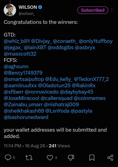 A screenshot of an X (formerly Twitter) post by user @wilson_ congratulating winners of GTD and FCFS, mentioning that wallet addresses will be submitted and added.