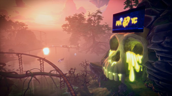 A fantasy landscape scene with a glowing green skull-shaped rock formation and a small TV screen displaying the word 'MAFIC'.