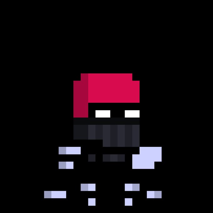 A pixel art character with a red and black top hat/scarf design against a black background, appearing to be breaking apart or disintegrating into pixels.