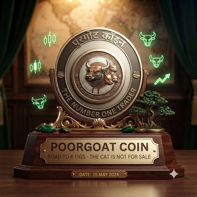 An ornate bronze-colored trophy/medallion labeled 'POORGOAT COIN - THE NUMBER ONE TRADER' with 'ROAD TO 8 FIGS - THE CAT IS NOT FOR SALE' and date '25 MAY 2024', featuring bull imagery and candlestick icons.