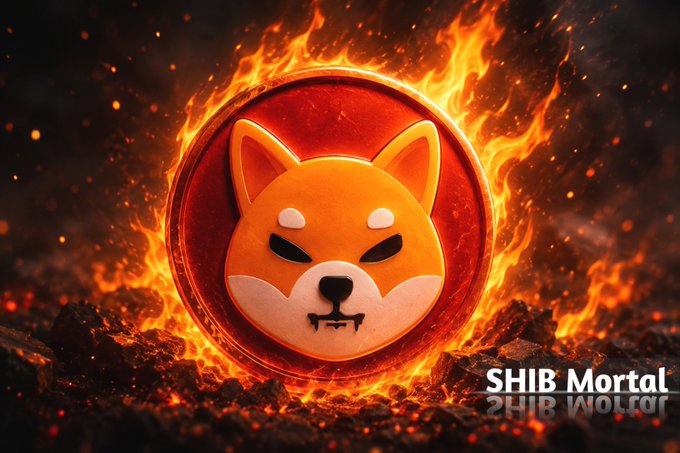 A stylized Shiba Inu coin engulfed in dramatic flames, accompanied by the text "SHIB Mortal" in the corner, visually symbolizing the burning and destruction of $SHIB tokens as referenced in the post about the recent 123.20 million SHIB tokens being permanently removed from circulation.
