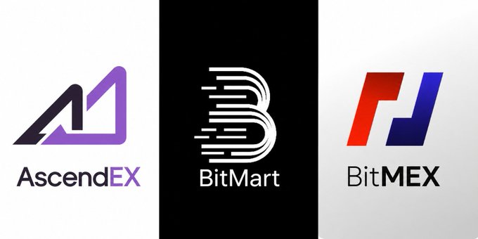 Three cryptocurrency exchange logos are displayed side by side: AscendEX in purple, BitMart in white on black, and BitMEX in red and blue, representing the three CEXs mentioned as shutting down amid tough market conditions.