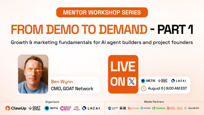 Promotional graphic for the Mentor Workshop Series 'From Demo to Demand - Part 1', covering growth and marketing fundamentals for AI agent builders, featuring speaker Ben Wynn, CMO of GOAT Network. The event is live on X on August 6 at 9:00 AM EST, organized by ClawUp, GOAT Network, Metis, Crypto Chicks, MagicLand, and LazAI, with media partners including Coingape, BeInCrypto, Octraa, Continue, Coins Bureau, HAX, and OpenBuild.
