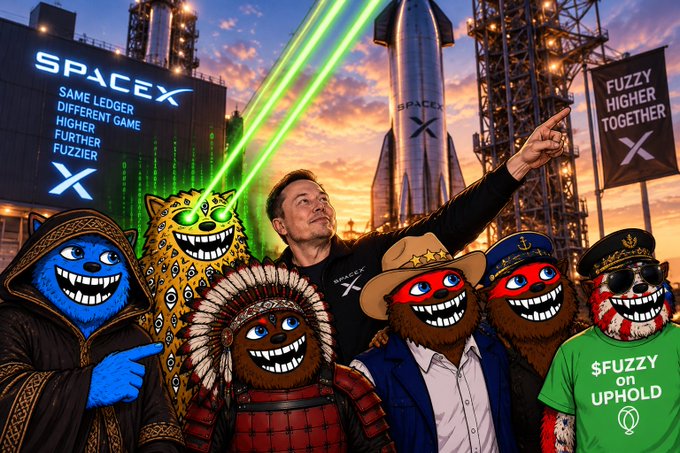 A digital illustration shows Elon Musk pointing at a SpaceX rocket while surrounded by various cartoonish characters, including mascots and figures wearing 'FUZZY HIGHER TOGETHER' gear, with a 'SPACEX' sign displaying 'SAME LEDGER DIFFERENT GAME'.