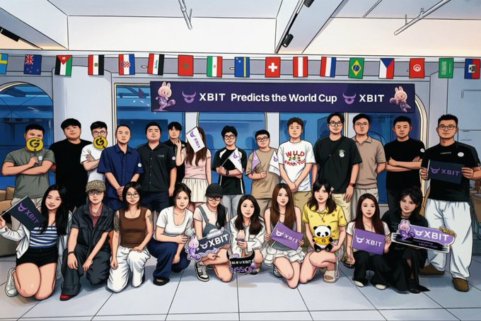 A group photo of the XBIT team posing with branded purple flags and bunny mascots beneath a banner reading 'XBIT Predicts the World Cup' at what appears to be a company event.