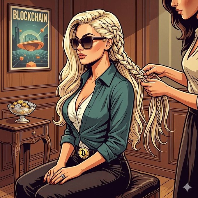 A blonde woman with long braided hair and sunglasses sits calmly while someone styles her hair, wearing a belt buckle featuring the Bitcoin logo, with a "BLOCKCHAIN" poster and a bowl of coins in the background—visually representing the calm confidence of crypto holders in $BTC and $LTC.