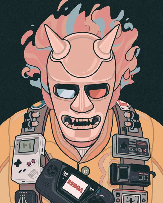 A colorful illustration of a masked character with horns, flaming pink and blue hair, and an orange jacket surrounded by retro gaming devices including a Game Boy and Sega Genesis, with a device screen displaying 'NIGA'.