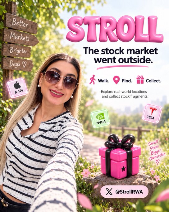 A promotional graphic for "STROLL" features a woman in sunglasses, with text reading "Better Markets, Brighter Days," "The stock market went outside," and "Walk. Find. Collect.," alongside ticker icons for AAPL, NVDA, and TSLA.