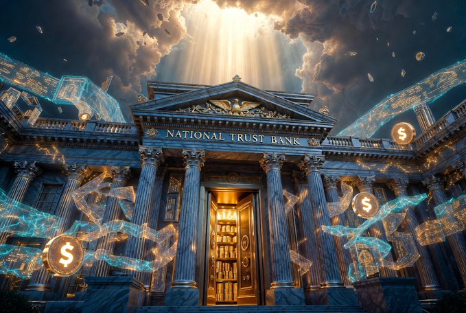 The image depicts a grand neoclassical building labeled "NATIONAL TRUST BANK," with golden doors opening to reveal vault-like shelves inside, illuminated by dramatic rays of light breaking through dark clouds above. Floating translucent ribbons and glowing dollar-sign coins swirl around the structure, symbolizing digital and traditional finance merging. The scene visually reinforces Circle's new status as a federally chartered national trust bank, evoking themes of trust, security, and institutional legitimacy in the crypto custody space.