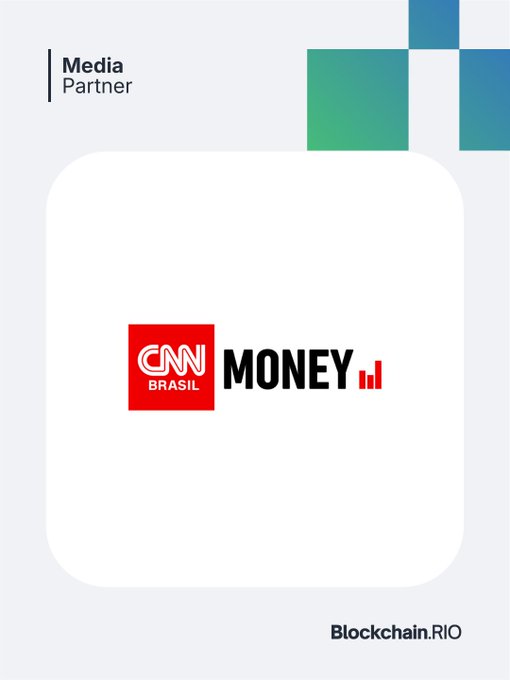 A promotional graphic for BlockchainRIO 2026 announces CNN Money as a Media Partner, featuring the CNN Brasil Money logo in a red block alongside the Blockchain.RIO branding in the bottom right. The design uses teal and blue geometric squares at the top to frame the partnership announcement.