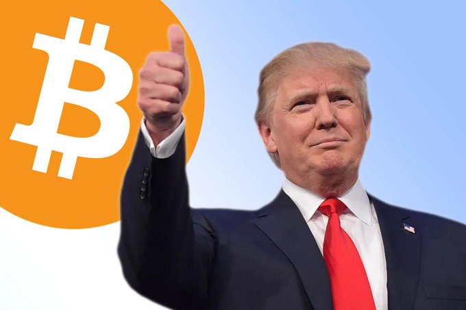 The image features a man dressed in a suit and tie giving a thumbs up gesture, with the words "BREAKING" written above him. The background of the image shows an orange circle with the word "BET" written inside it. The caption below the image reads "BREAKING: Trump says the US is currently the “Crypto & Bitcoin Capital of the World,” and other countries are trying hard to take that position."