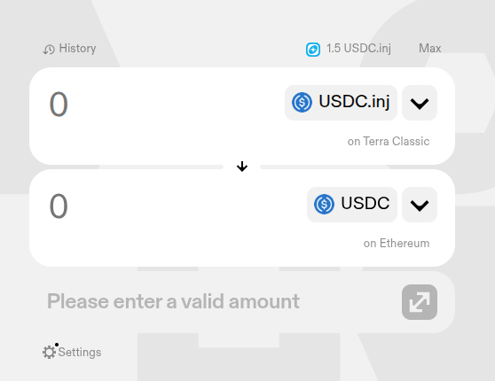 A cryptocurrency swap interface shows a transfer of 0 USDC.inj (on Terra Classic) to 0 USDC (on Ethereum), though the message "Please enter a valid amount" appears since no value was specified. The image illustrates the post's announcement of opening an IBC connection between Terra Classic and Injective to enable cross-chain USDC transfers for $LUNC.