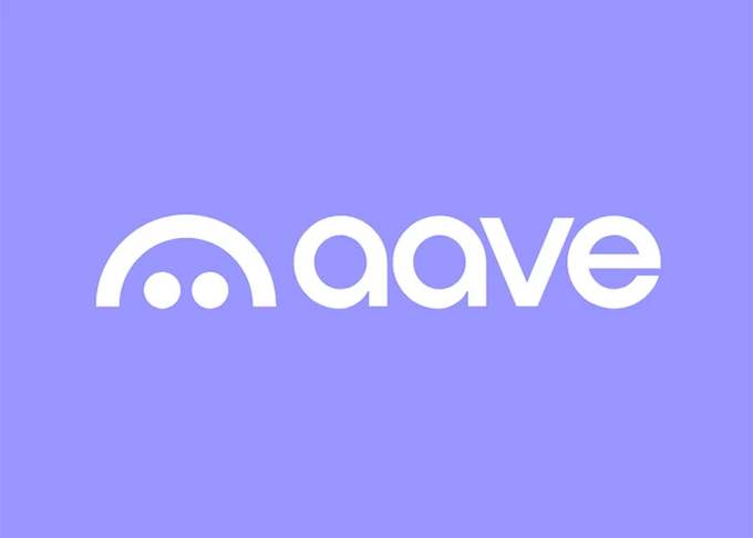 A white logo with two dots inside an arch and the text 'aave' is displayed on a light purple background.