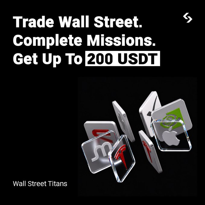Black promotional graphic for 'Wall Street Titans' advertising trading missions with up to 200 USDT rewards, featuring metallic tiles with Tesla, SpaceX, Microsoft, Apple, and Meta logos.
