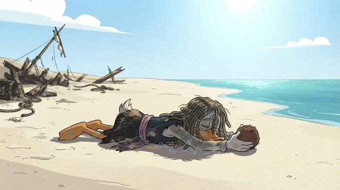 An animated scene showing a dog-like character with dreadlocks lying on a sandy beach, cradling a coconut beside the wreckage of a wooden ship under a sunny sky.