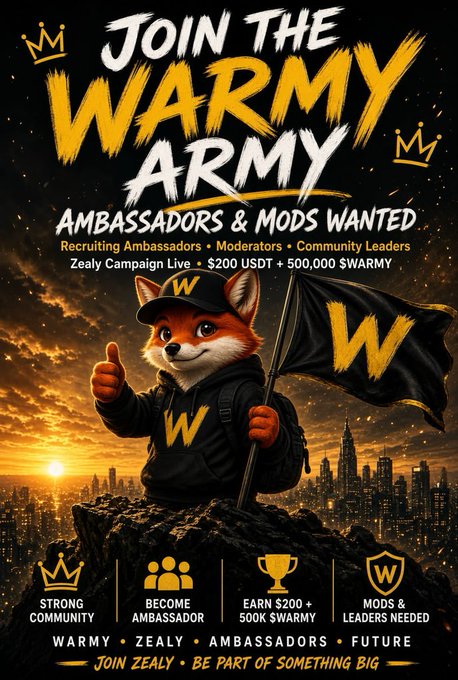 A bold recruitment poster featuring a fox mascot wearing a black hoodie and cap, holding a flag with a "W" logo, set against a sunset city skyline, with text reading "JOIN THE WARMY ARMY", "AMBASSADORS & MODS WANTED", and "WARMY • ZEALY • AMBASSADORS • FUTURE".