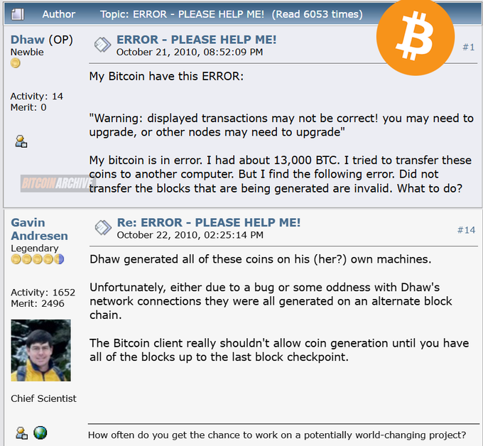 Screenshot of a 2010 Bitcoin Forum thread titled “ERROR - PLEASE HELP ME!” in which Dhow asks what to do after about 13,000 BTC proved unusable. Gavin Andresen replies that Dhow generated the coins on an alternate block chain at difficulty 1.0, explaining the warning that displayed transactions may be incorrect.
