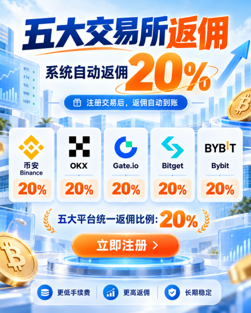 A Chinese-language advertisement offering a 20% rebate from five cryptocurrency exchanges (Binance, OKX, Gate.io, Bitget, Bybit), featuring a large '20%' graphic and a '立即注册' (Register Now) button.