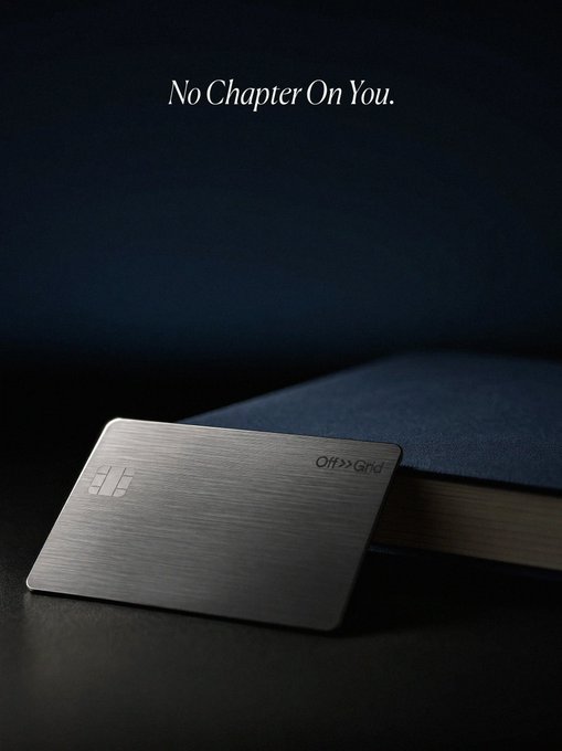 A sleek, dark-toned advertisement displays a metallic credit card labeled "Off>>Grid" propped against a navy blue notebook, with the tagline "No Chapter On You." floating above—visually reinforcing Revolut's message about privacy and discretion, as the card's understated, chapter-less design symbolizes going off the grid without a traceable record.