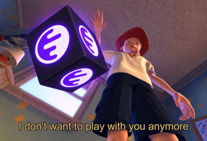 A Toy Story-style 3D animated scene showing a child character looking down at a glowing purple cube with 'E' symbols on its faces, with the subtitle 'I don't want to play with you anymore.'