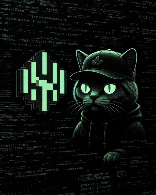 A stylized digital artwork featuring a dark green cat wearing a cap and hoodie with glowing eyes, set against a black background covered in code, next to a large pixelated green number "4".