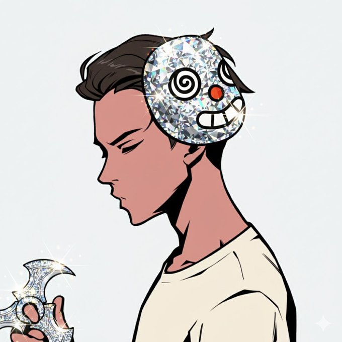 A side-profile illustration of a person wearing a diamond-encrusted emoji mask with a hypnotic spiral eye, holding a jeweled star object, capturing the playful and flashy spirit of a cheerful "Gm and happy Wednesday" greeting.