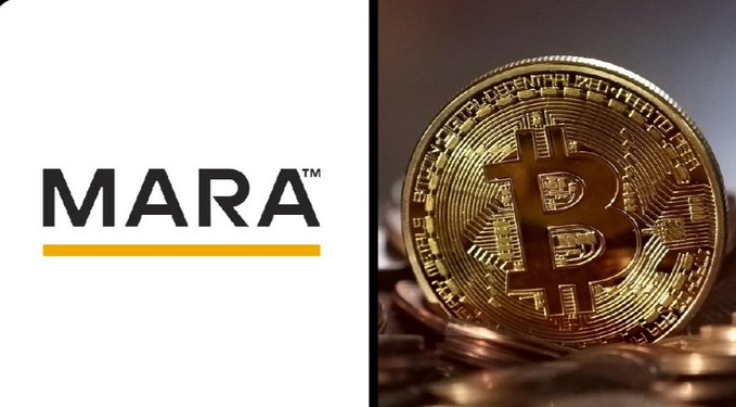 The image features the MARA logo alongside a close-up of a physical Bitcoin coin, visually tying the mining company's brand to the cryptocurrency at the center of its reported strategic Bitcoin sales and holdings.