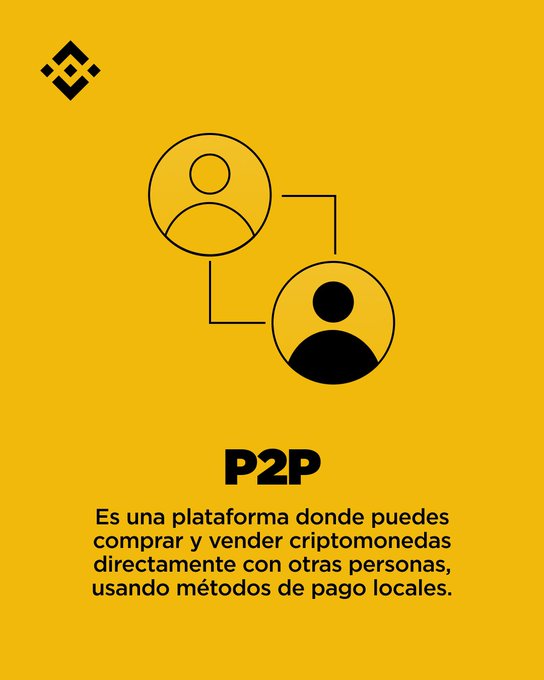 The image features a yellow background with the Binance logo in the top left corner, two person icons connected to illustrate peer-to-peer interaction, and the bold text "P2P" followed by a Spanish description: "Es una plataforma donde puedes comprar y vender criptomonedas directamente con otras personas, usando métodos de pago locales." This visually reinforces the post's message about Binance P2P's simple person-to-person cryptocurrency trading using local payment methods.
