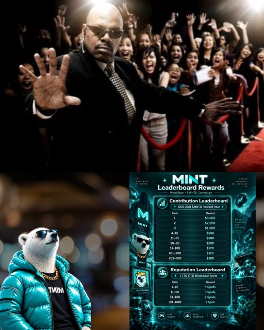 A promotional collage featuring a man in a suit with sunglasses and raised hands in front of an excited crowd, alongside an anthropomorphic polar bear mascot in a teal puffer jacket and gold chain, next to a 'MINT Leaderboard Rewards' infographic showing $MINT token and MiniMax token reward tiers.