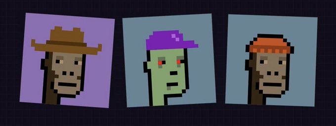 Three pixel-art monkey faces with different colored hats (brown cowboy, purple, orange beanie) displayed in panels.