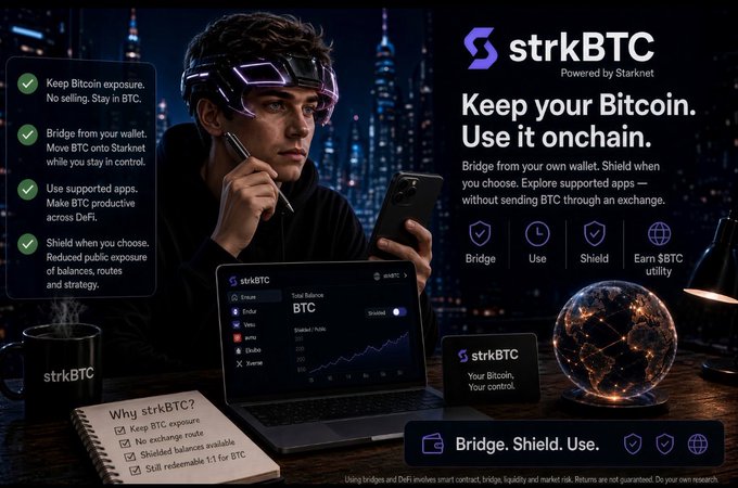 A promotional graphic for "strkBTC" powered by Starknet with the tagline "Keep your Bitcoin. Use it onchain," showing a person wearing cyberpunk-style goggles with a laptop displaying Bitcoin dashboard information and icons for Bridge, Use, Shield, and Earn sBTC utility features.