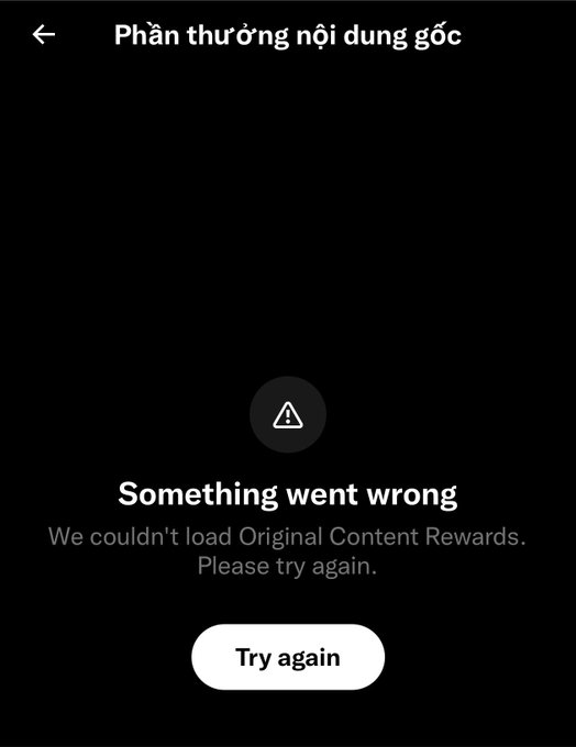 The image shows an error message on X reading "Something went wrong - We couldn't load Original Content Rewards. Please try again" with a "Try again" button. This relates to the post about X's new Original Content Rewards feature launching September 7, 2026, illustrating a technical glitch that is currently preventing the user from accessing or enrolling in the program.