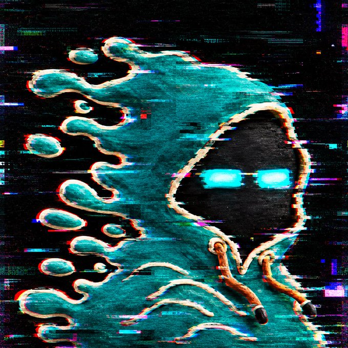 A hooded, glitchy digital figure with glowing cyan eyes and hand-drawn teal outlines is shown from behind, its glitchy aesthetic evoking a "deflated" or drained mood that contrasts with the upbeat "gm" (good morning) crypto-community greeting.