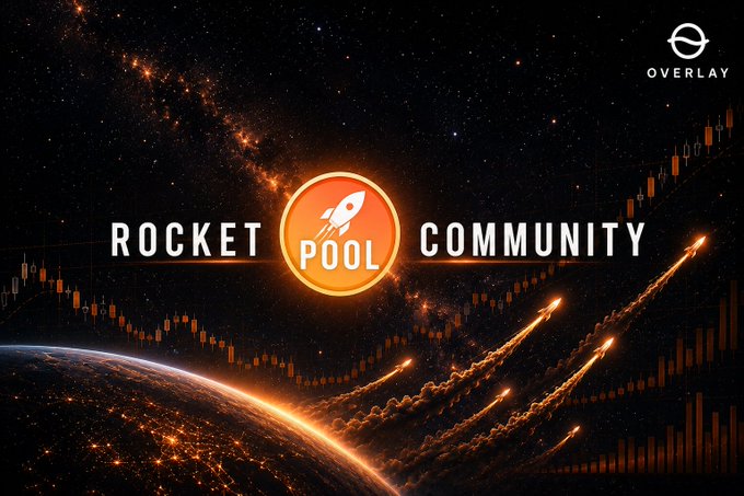 A promotional graphic for "ROCKET POOL COMMUNITY" featuring a rocket icon logo, with an "OVERLAY" logo in the top right corner, set against a cosmic background with rising rockets and financial chart elements.