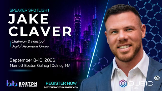 Promotional graphic for Boston Blockchain Week 2026 (September 8-10, Marriott Boston Quincy), featuring speaker spotlight on Jake Claver, Chairman & Principal of Digital Ascension Group. The image shows Jake in a dark suit against a purple cityscape background, with the event dates, sponsors (BB Boston Blockchain and QUBIC Labs), and registration info (bostonblockchainweek.com) displayed.
