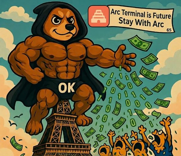The image shows a cartoon bear wearing a black cape standing atop a tower with a sign that says "ARC Terminal" written on it. The caption of the image reads "Why I'm bullish on @TheARC Terminal Because this isn' t just another AI conversation; it' s creating a new layer of dominance for personal intelligence". This suggests that the bear is promoting the idea that the ARC Terminal offers an innovative and intelligent way to interact with artificial intelligence, which can be beneficial in various aspects such as personal development or even business.