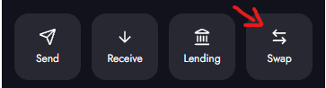 A close-up of a dark UI menu with four rounded buttons labeled 'Send', 'Receive', 'Lending', and 'Swap', with a red arrow pointing toward the 'Swap' option.
