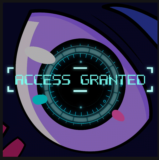 A stylized purple eye with a futuristic blue circular iris displays the text 'ACCESS GRANTED' in cyan digital letters.