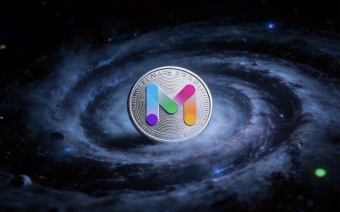 A digital image of a cryptocurrency coin with the MultiCharts (MC) logo, set against a swirling galaxy/cosmic background.