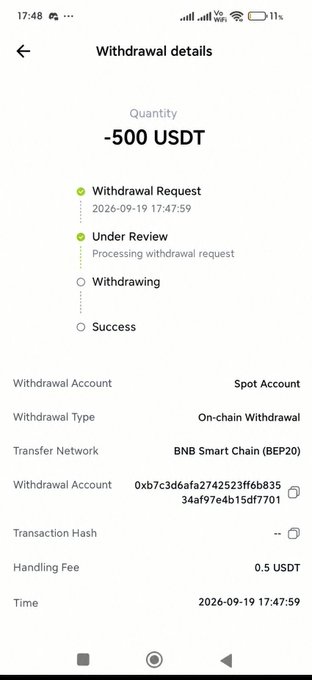 A mobile screenshot shows withdrawal details for -500 USDT on BNB Smart Chain (BEP20), with the status "Under Review - Processing withdrawal request," a handling fee of 0.5 USDT, and an empty transaction hash field.