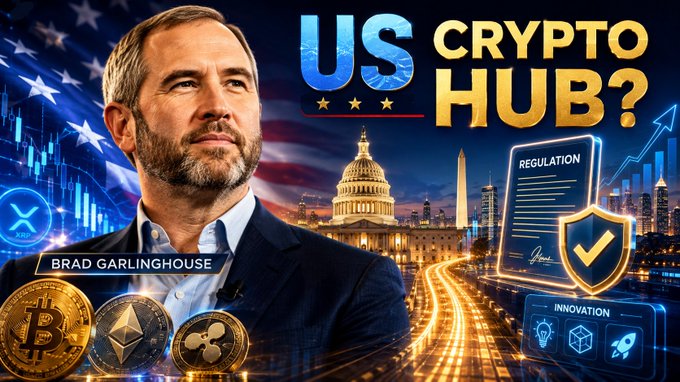 A promotional graphic featuring Brad Garlinghouse (Ripple) with text 'US CRYPTO HUB?' and 'BRAD GARLINGHOUSE', alongside XRP, Bitcoin, and Ethereum logos, plus the U.S. Capitol building and imagery of regulation and innovation.