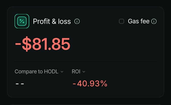 A dark-themed dashboard displays a "Profit & loss" summary showing a loss of **-$81.85**, with an ROI of **-40.93%**, alongside an empty "Gas fee" field and "Compare to HODL" option. The image visually reinforces the post's humorous warning about showing off trading performance—indeed, the account is "all red," reflecting significant losses rather than gains.