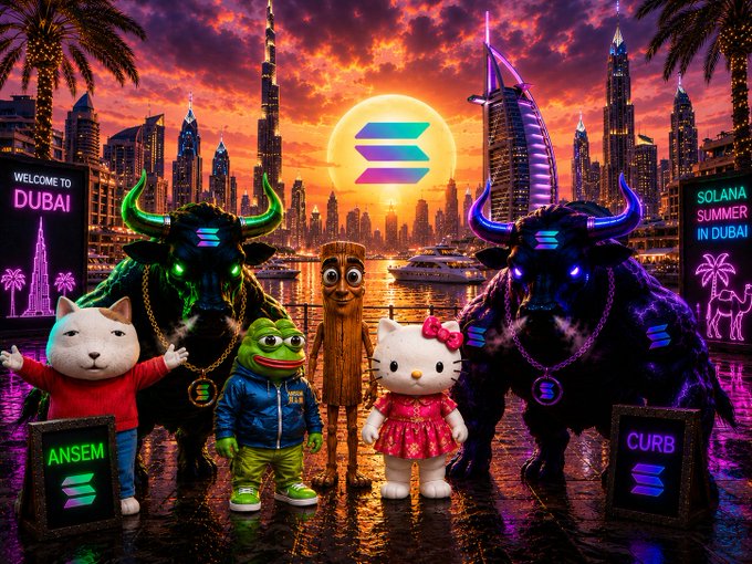 A vibrant Dubai skyline at sunset frames a lineup of bullish Solana mascots—featuring the iconic Bullicorn, Pepe, Tiki, Hello Kitty, and other characters adorned with Solana logos—alongside signs reading "WELCOME TO DUBAI," "SOLANA SUMMER IN DUBAI," "ANSEM," and "CURB," visually celebrating the bullish $SOL sentiment highlighted by the $ANSEM, $CURB, and $TripleT tickers.