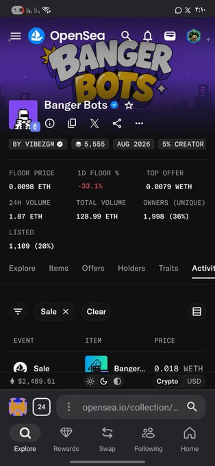 A mobile screenshot of OpenSea showing the Banger Bots NFT collection with stats like a 0.0098 ETH floor price, 24H volume of 1.87 ETH, and 5,565 items, with a 5% creator fee.