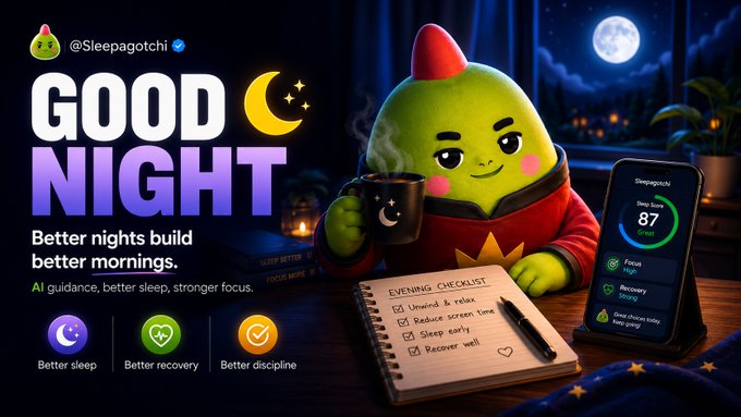 A 'Good Night' promotional image for '@Sleepagotchi' featuring a green character with a checklist and a sleep app showing an 87 sleep score, with icons for 'Better sleep', 'Better recovery', and 'Better discipline'.