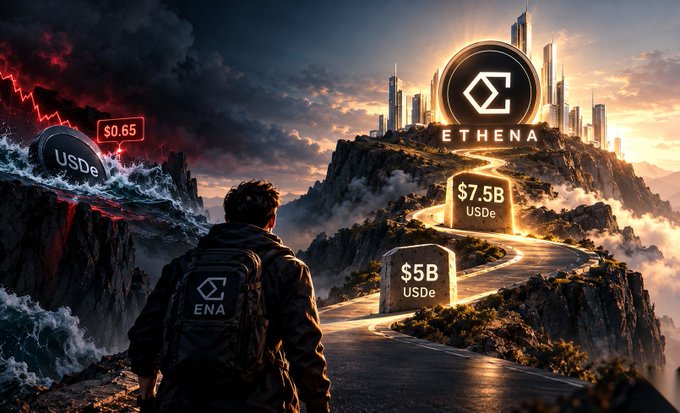 A promotional graphic for Ethena (ENA) cryptocurrency showing a hiker with an ENA logo backpack looking toward a golden path with USDe token values of $5B and $7.5B leading to the Ethena logo on a mountain, contrasted with a dark stormy side showing USDe at $0.65.