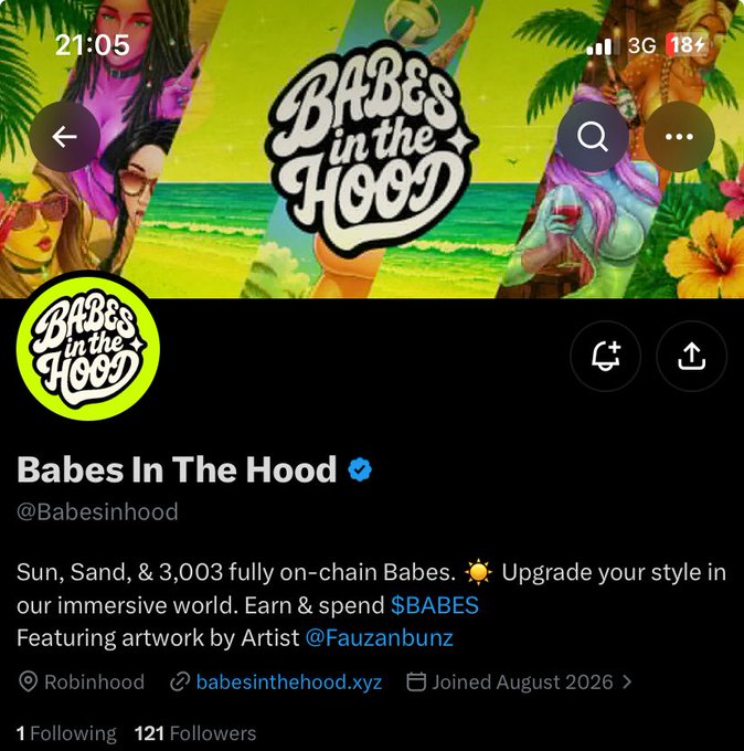 Twitter/X profile for "Babes In The Hood" (@Babesinhood), describing 3,003 on-chain Babes NFTs featuring artwork by @Fauzanbunz, with link babesinthehood.xyz and 121 followers.
