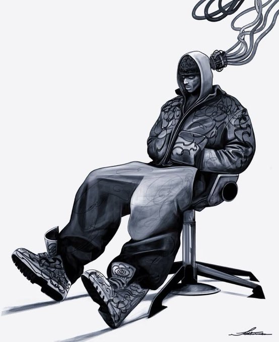 A black and white digital illustration depicts a man in a hooded jacket sitting in an office chair with dreadlock-like tubes extending from his head.